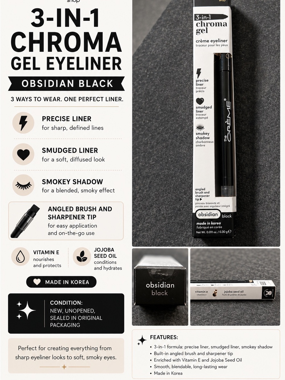 The Crème Shop 3-in-1 Chroma Gel Eyeliner-Obsidian Black (sealed in the box)